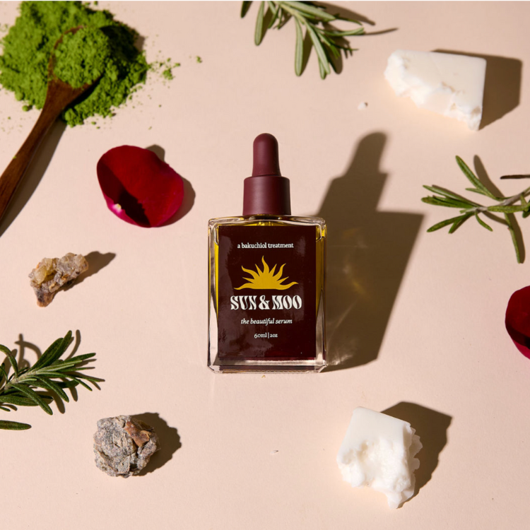 A bottle of bakuchiol serum placed beside natural skincare ingredients, highlighting a gentle, plant-based alternative to Botox® for youthful skin.